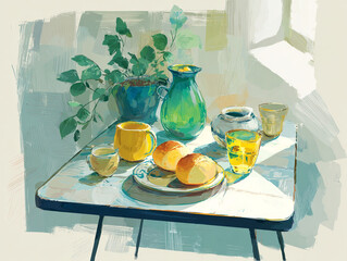 A hand-drawn scene of a simple kitchen table with pastries