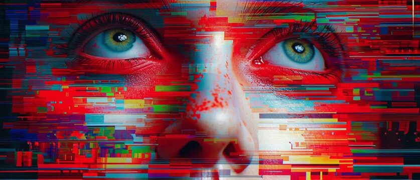 Glitched human face with digital data distortion

