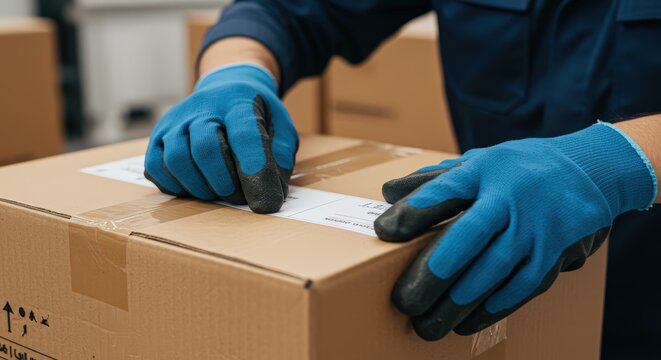 A close-up of a worker's hands wearing protective gloves, carefully placing a label on a cardboard box