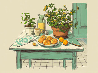 A hand-drawn scene of a simple kitchen table with pastries