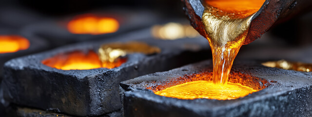 Molten gold being poured from crucible into molds creating shiny metal ingots in a traditional casting process