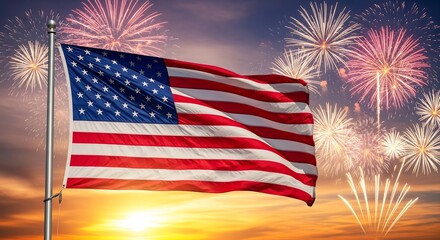 American flag waving against a sunset sky with fireworks in the background. Celebratory, patriotic scene.