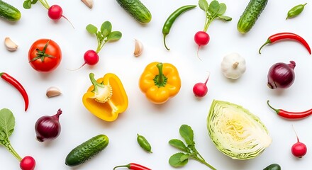 Topdown view of assorted fresh vegetables arranged on a white surface