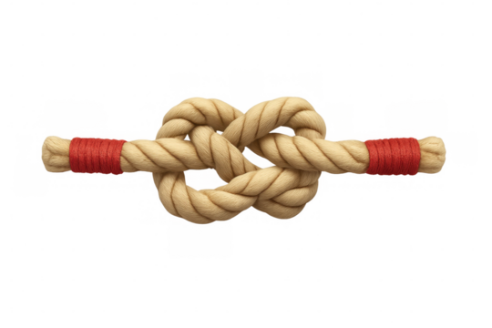Secure knot on a sturdy rope with red bindings, isolated on a transparent background, perfect for nautical or safety themes
