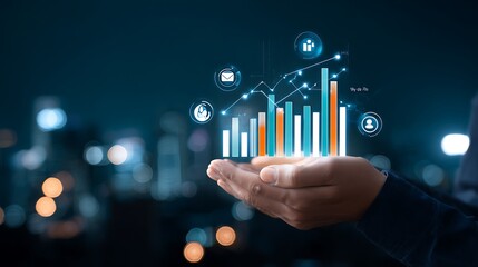 Hand holding glowing futuristic financial growth chart with data icons