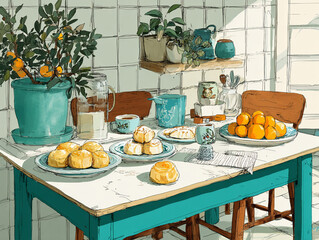 A hand-drawn scene of a simple kitchen table with pastries