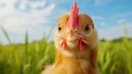 Curious Chick in a Green Field