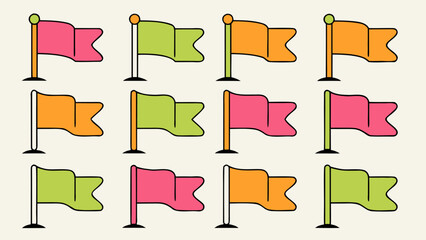 Collection of stylized national flags presented in various artistic interpretations showcasing national symbols and colors with dynamic movement