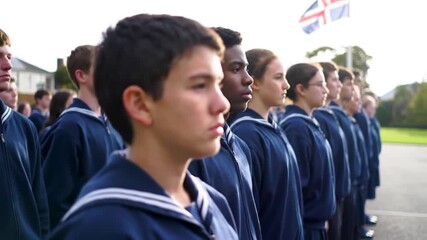 Diverse students stand unified in navy uniforms - Powered by Adobe