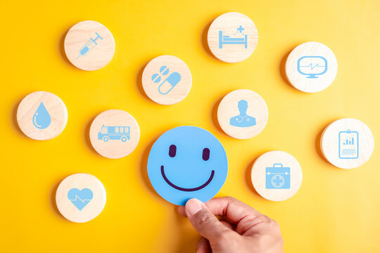 Mental health care with smile face and medical icons, positive support, doctor consultation, and wellness services for emotional and psychological wellbeing.