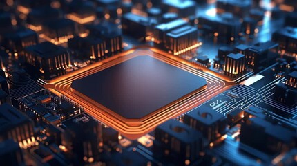 Microchip processor glowing copper circuit pathways on dark motherboard showcasing advanced technology electronic components connections close up view