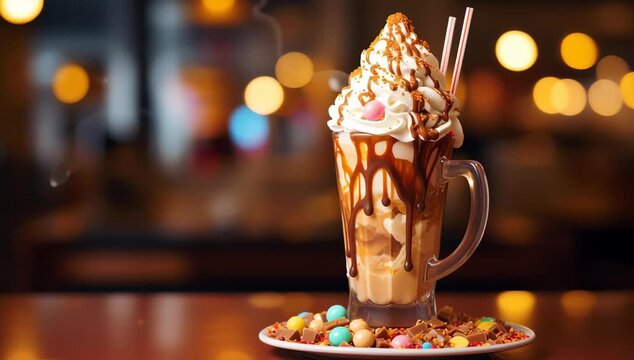 Whipped cream topped milkshake with chocolate drizzle and candy served in glass mug with two straws on plate creating cozy indulgent dessert scene