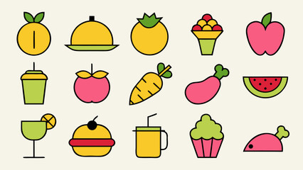 Comprehensive collection of culinary and beverage symbols perfect for restaurant menus food blogs and dining establishments presented in a clean graphic format