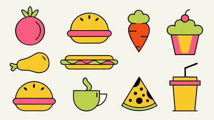 Collection of stylized line art symbols representing various food and beverage items perfect for culinary branding and menus