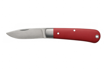 Sleek red pocket knife displaying polished steel blade, positioned on clear backdrop with professional studio lighting