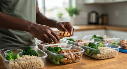 A person preparing their meals for the week, neatly arranging grilled chicken, steamed broccoli, and brown rice into several food containers.