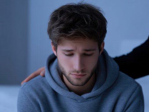 A comforting hand on the shoulder of a worried young man, symbolizing support and empathy. The atmosphere exudes a sense of care and understanding
