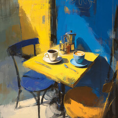 A digital painting of a cozy urban café table with coffee