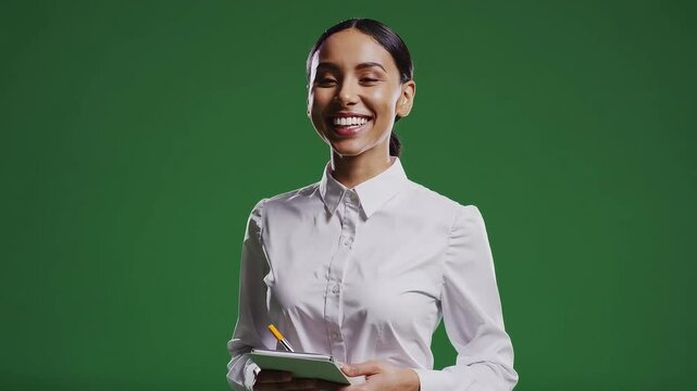 Smiling Woman with Tablet and Pen in Studio on Green Background with ai generated
