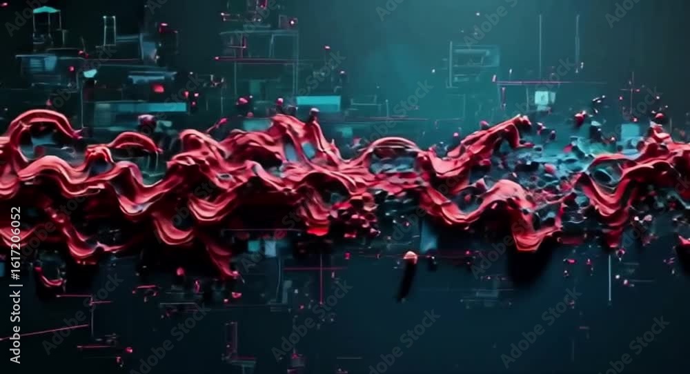 Poster dynamic red wave on a dark digital grid background for modern visuals