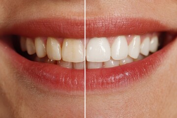 Close-up shot comparison of woman's teeth before and after whitening. Perfect for ads showcasing teeth whitening products or dental procedures.