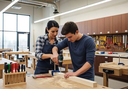 Female Teacher In An Apron Guides A Teenage Male Student On How To Safely Use A Power Drill In A Bright, Modern High School Woodshop Classroom, Vocational Education, Student Learning, Practical Skills