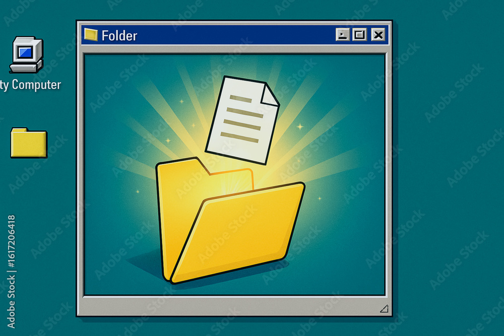 Poster nostalgic desktop design: a retro computer desktop interface comes alive, showcasing a golden folder