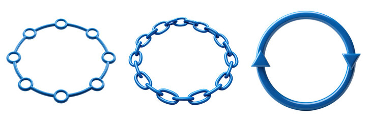Connected blue ring chain and circular arrow symbol set, representing cycle, data flow, and linked network concepts