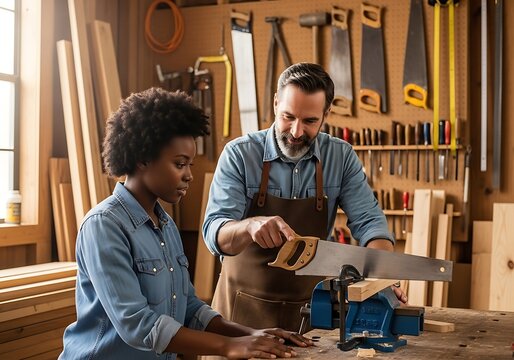 Skilled Male Carpenter In An Apron Teaches An Attentive Black Woman How To Use A Traditional Hand Saw In A Well-Organized Woodworking Workshop, Mentorship, Skilled Trades, Hands-On Learning