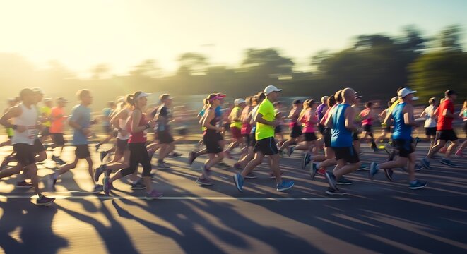 A marathon race with many blurred runners on a sunny day
