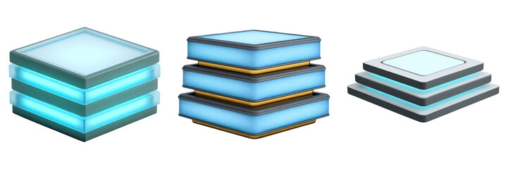 Set of three futuristic multi layered glowing square modules with blue light and metallic edges, emitting high tech vibe