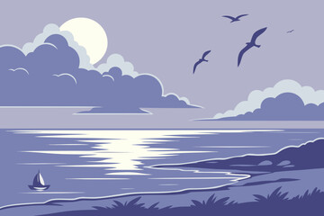 Serene Seascape with Sailboat and Seagulls.