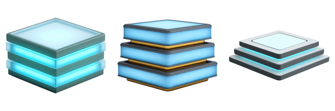 Set of three futuristic multi layered glowing square modules with blue light and metallic edges, emitting high tech vibe