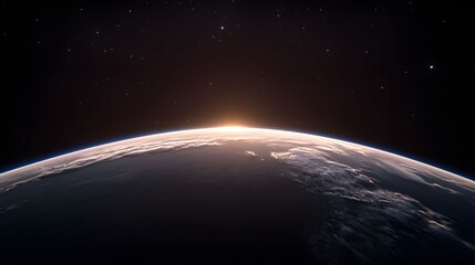 The image showcases a breathtaking view of Earth from space, with a vibrant sunrise illuminating the planet's curvature amidst a backdrop of twinkling stars.