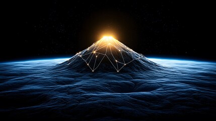 A digital illustration shows a mountain range under a dark sky with constellations, linked by glowing lines that converge at peaks and illuminate the top mountain.