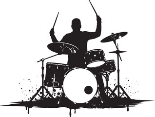 Energetic silhouette of a drummer performing with his drum kit i
