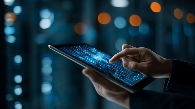 Person interacting with futuristic digital interface on tablet