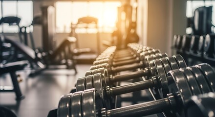 Fototapeta premium A row of dumbbells in a gym with sunlight streaming in