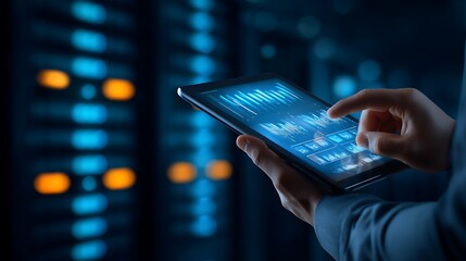 Hand interacting with tablet in server room with blurry blue lights