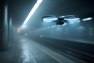 Ultra-modern conceptual security drone with glowing propulsion rings hovering in a futuristic subway, concept of advanced autonomous surveillance.
