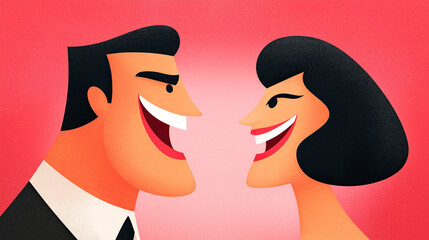 Happy Couple, Side Profile, Laughing, Retro Style Illustration