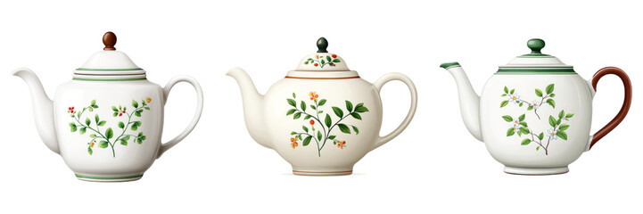 Three ceramic teapots with floral patterns and green accents arranged in row, evoking charming and cozy kitchen atmosphere