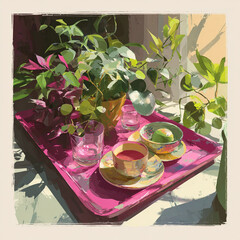 A digital painting of a vibrant tea tray with plants