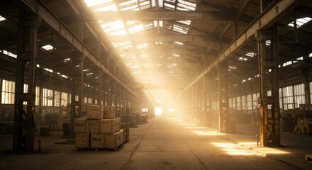 Sunlight filtering through the high windows of a massive warehouse, illuminating dust motes dancing in the air between the aisles.