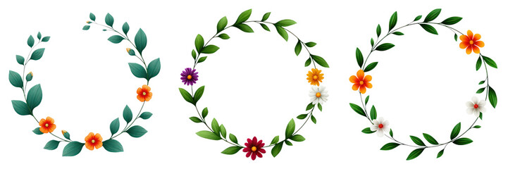 Naklejka premium Floral wreath with green leaves and colorful flowers in delicate circular arrangement, evoking fresh and natural feeling
