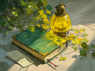 A digital painting of a cozy journal with a lamp