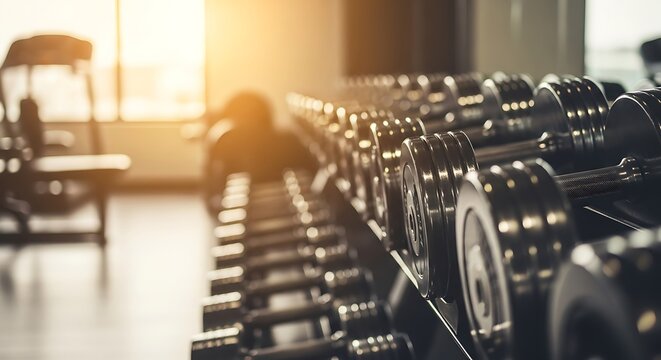 Dumbbell Rack in Modern Gym with Sunlight Fitness and Workout Concept