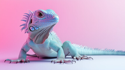 A Realistic Iguana Sitting Calmly on a Smooth Surface with Neon Lights 네온 불빛 아래 부드러운 표면에 고요히 앉아있는 사실적인 이구아나