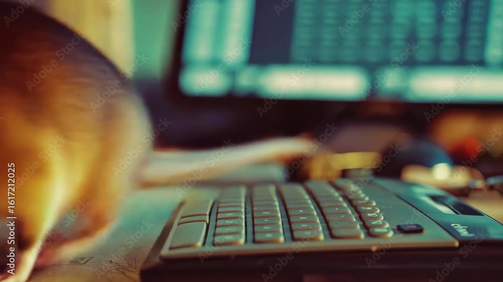 Poster a light brown mouse on a computer keyboard, possibly indicating playfulness or adaptation to technol