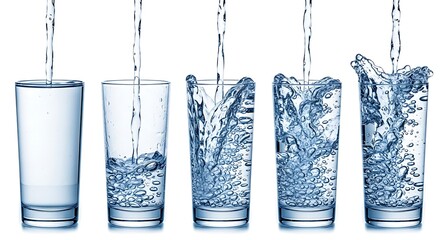 Five glasses of water each at a different stage of being filled